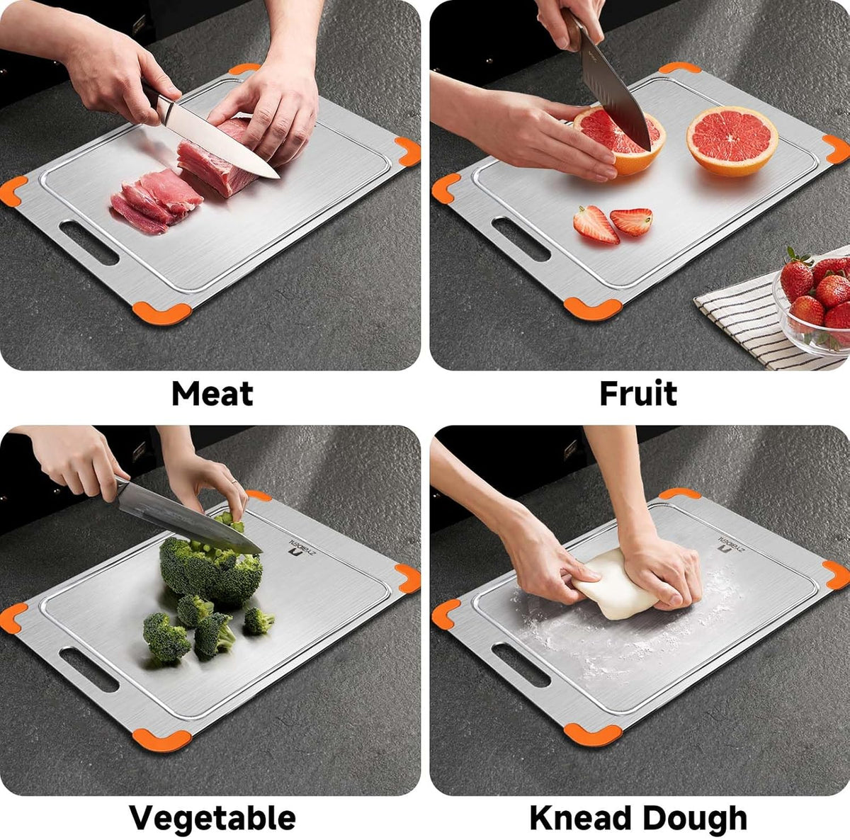 100% Pure Titanium Cutting Board with Grooves, Update Double Side Titanium Chopping Board, Silicone Anti-slip Stainless Cutting Boards for Kitchen 12 * 18 IN, Orange