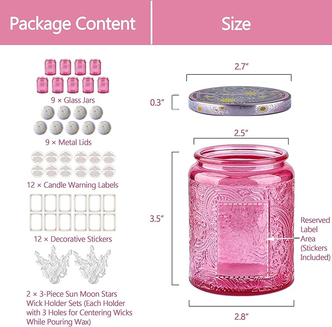 Art Secret 9-Pack 8oz Embossed Glass Candle Jars with Lids and Labels - Sun Moon Stars Design (Pink)