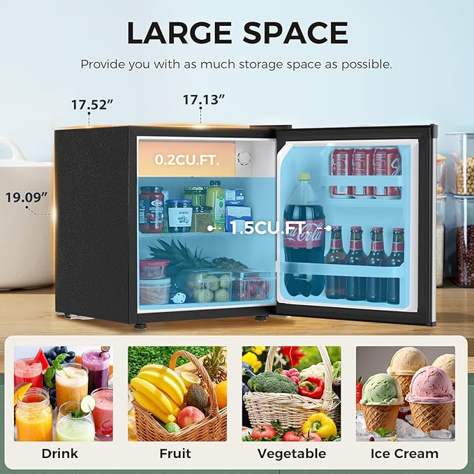 Antarctic Star Compact Refrigerator Mini Fridge with Freezer, Single Reversible Door, Dorm Fridge, Wire Shelf, Defrost Button, for Bedroom, Office, kitchen, 1.7 Cu. Ft, Steel