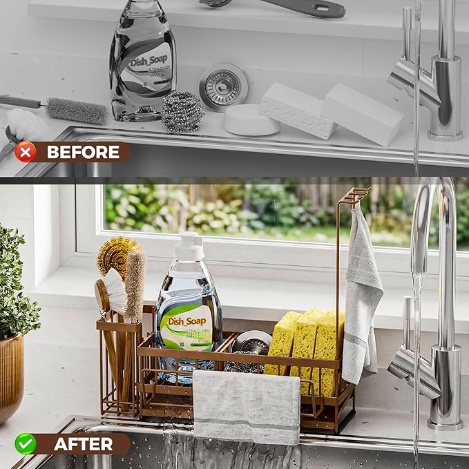 Sponge Holder for Kitchen Sink – Rustproof Stainless Steel with Detachable Drainboard, Brush Rack & Towel Bar | Compact, Non-Slip Design for Countertop Bathroom