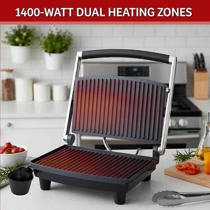 Panini Press Gourmet Grilled Cheese and Sandwich Maker - Electric Indoor Grill with Drip Tray for Healthy Cooking Options (Silver)