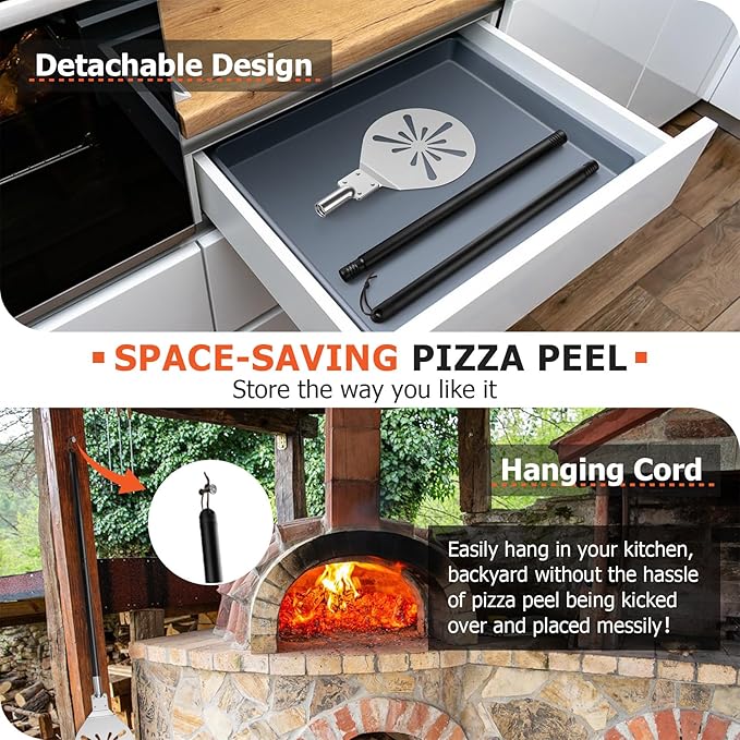 8 Inch Pizza Peel Turning, Joyfair Perforated Pizza Turner with Long Detachable Handle, Stainless Steel Spatula Paddle for Rotating Sliding, Metal Tools Oven Accessories, Easy Cleanup (Painted Handle)