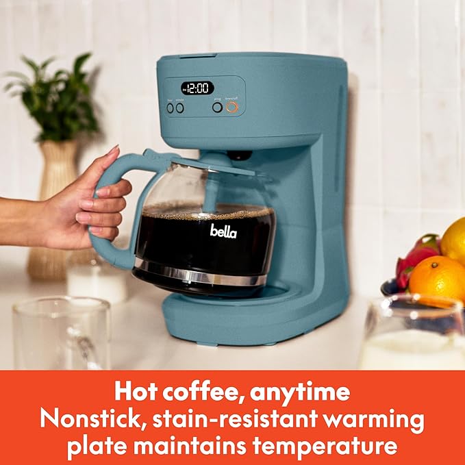 bella 12 Cup Programmable Coffee Marker, Reusable Dishwasher Safe Accessories, Easy LCD diaply, Auto Shutoff, 900 watt, Surf