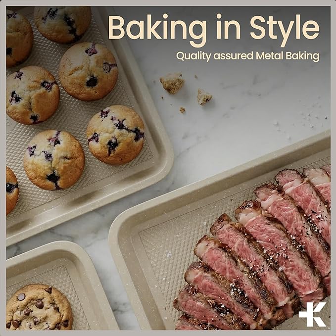 BAKKEN Kitchen Baking Pan - Small, Medium, and Large Cookie Pan (13.58×9.65, 15.75×11, 17.91×12.60), Nonstick, Diamond Texture Bottom, PFOA, PFOS, PTFE Free, Oven Safe (450°F), Pack of 3, White Marble