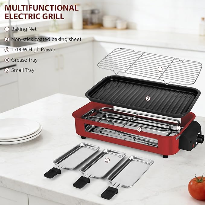 Pukomc Electric Indoor Grill,2 in 1 Indoor Grills for Kitchen with Grill Net & Non-Stick Cooking Removable Plate, Temperature Control, Dishwasher Safe, 1700W RED