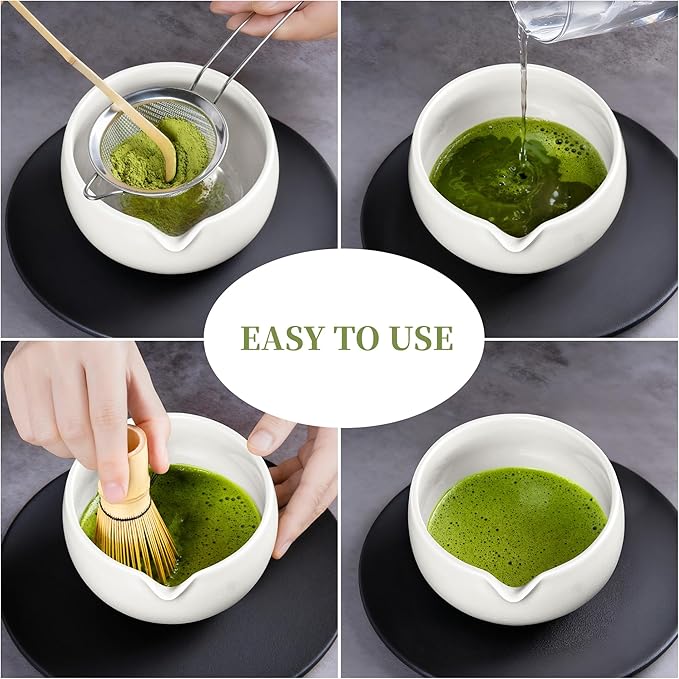 YIBO Matcha Whisk Set White, Matcha Set Kit Includes Ceramic Matcha Bowl, Bamboo Whisk, Scoop, Measuring Spoon & Cup, Chasen Holder, Sifter Tool