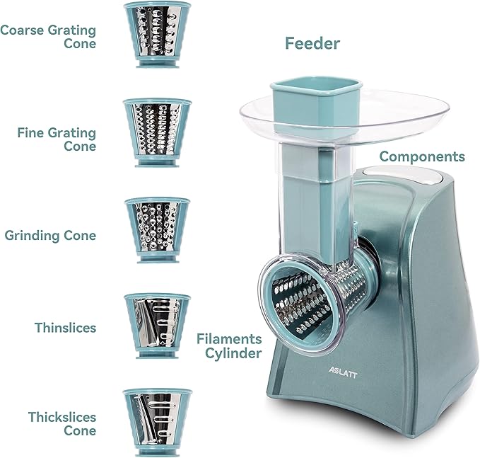 Electric Cheese Grater, Cheese Grater Electric, One-Touch Control Electric Grater Machine for Vegetable, Fruits, Potato, Electric Cheese Shredder, Salad Maker with 5 Free Attachments, Green, ASLATT
