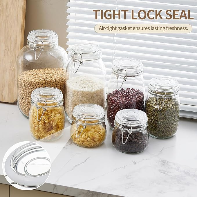 ODBCYWM 68oz Glass Food Storage Jars with Airtight Lids, Set of 3 – Clear Preserving Seal Wire Clip Fastening Canisters for Kitchen Canning, Flour, Cereal, Pasta, Sugar, Beans, Pickling Jars (68oz*3)