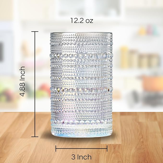 Hobnail Beaded Highball Drinking Tumbler Glasses | Set of 6 | Iridescent Pearl Vintage Bubble Design Glassware, Old-Fashioned, Embossed Design, Water, Wine, Cocktail Embossed Heavy Glass, Rocks Glass