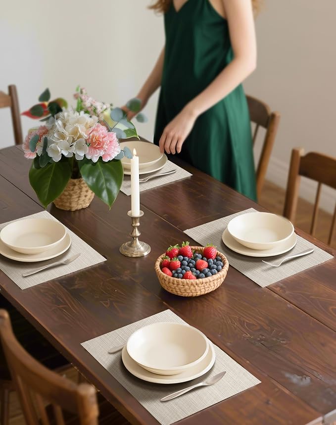 Leetaltree Beige White Placemats Set of 12 - Heat Resistant Non-Slip Place mats for Dining Table, Washable Durable PVC Vinyl Woven Table Mats(Beige White, 12)