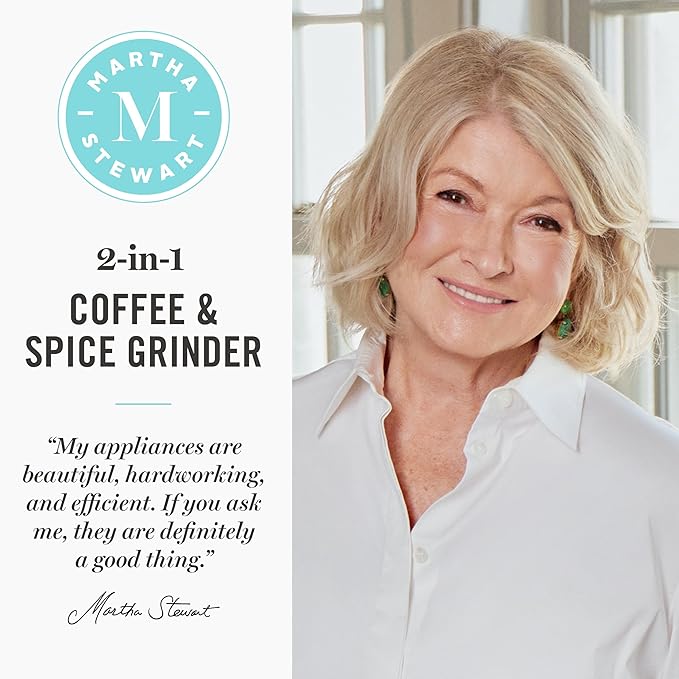 Martha Stewart Electric Coffee & Spice Grinder, Dual 2.5oz Removable Bowls, Storage Lids, Stainless Steel Blades, One Touch Pulse Control, 2-in-1 Compact, Beans & Spices, Herbs & Nuts, Caviar Gray