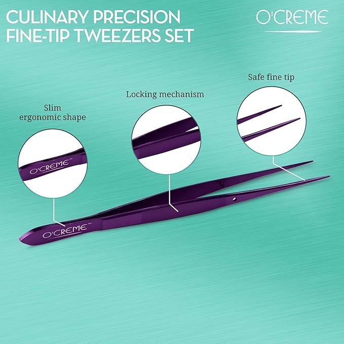 O'Creme Stainless Steel Precision Kitchen Tweezer Tongs 6.25" with Fine Tip (Purple)