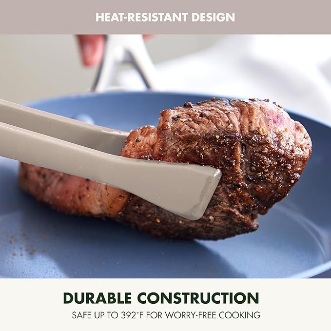 GreenPan Silicone Tong, Cooking Grilling Serving, Salad, Kitchen Utensil, Flexible Rubber Nonstick Cookware, Rigid Steel Core, Heat-Resistant, Anti-Slip Handle, BPA-Free, Dishwasher Safe, Taupe