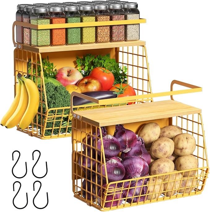 Magnetic Shelf for Fridge with Wood Lid, Fruit Potato and Onion Storage Bins, Pantry Organizers & Storage, Large Container Magnetic Spice Rack for Refrigerator, Kitchen Counter, Cabinet (Yellow, 2)