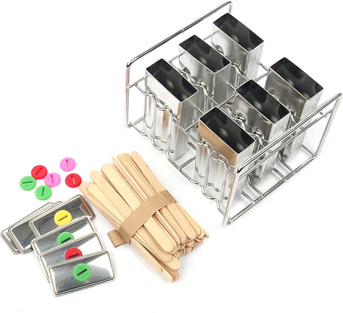 Set of 6 Stainless Steel Popsicle Mold and Rack Set - Homemade Ice Treat Makerwith 50 Wooden Sticks and 6 Silicone Seals and Bonus Cleaning Brush