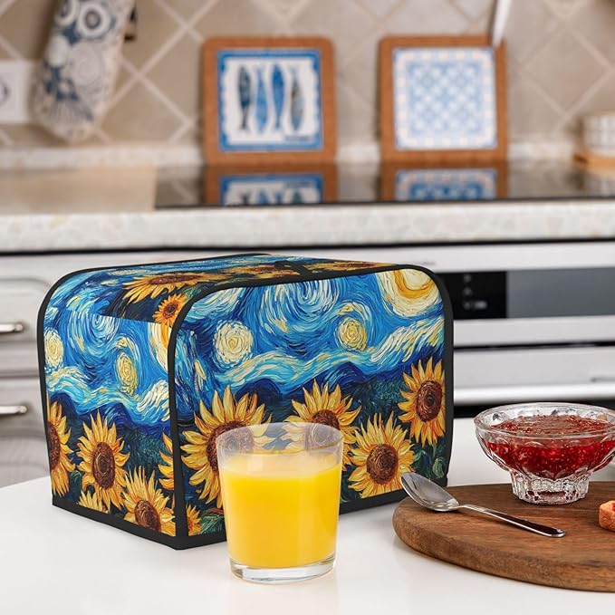 Starry Sky Sunflower Toaster Cover 2 Slice, Cute Country Bread Machine Cover, Washable Toaster Kitchen Small Appliance Cover Stain Resistant,with Top Handle