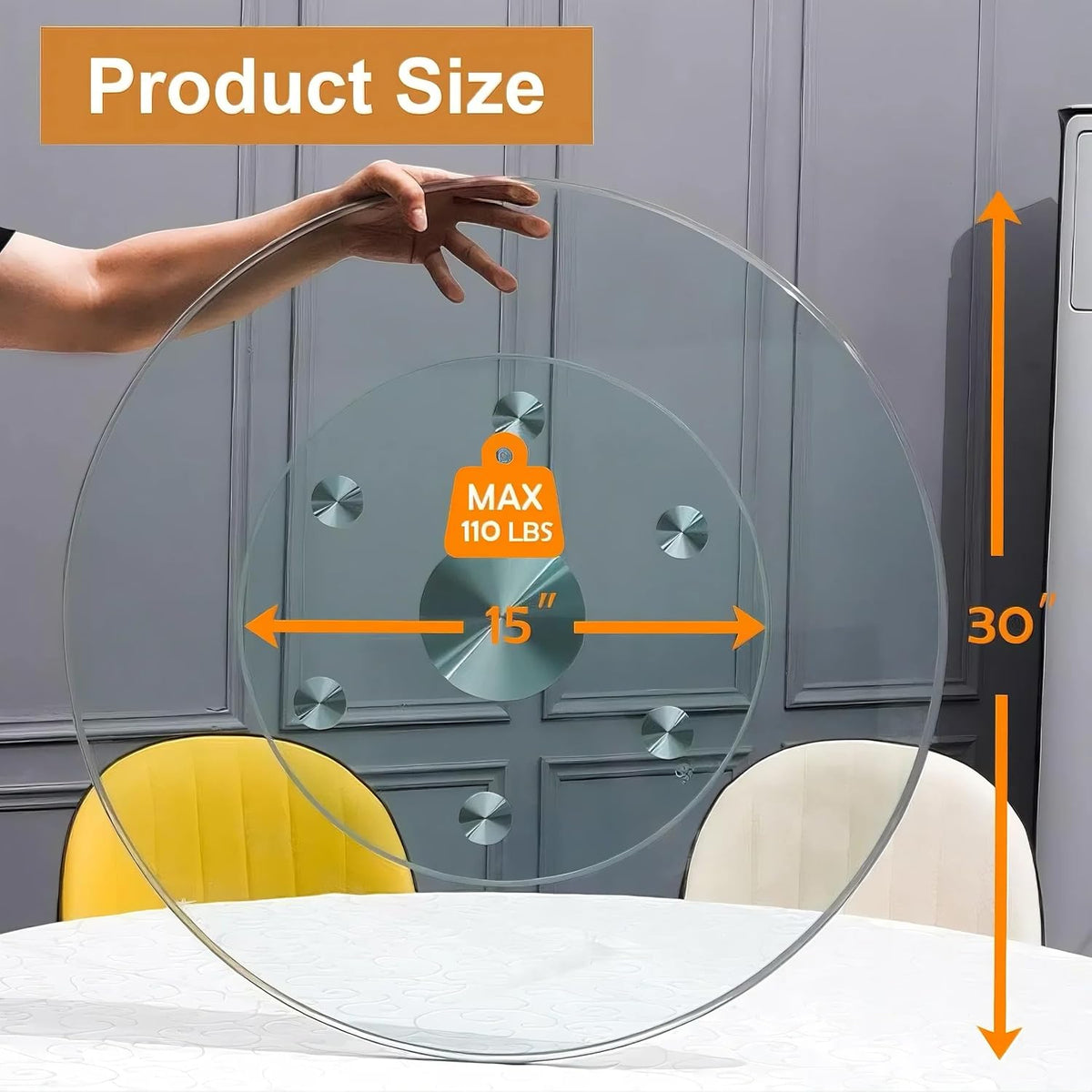 30" Tempered Glass Lazy Susan Turntable, 360° Silent-Spin Round Clear Tabletop Rotating Tray, Centerpiece for Dining Tables, Smooth Rotation, for Banquets, Weddings & Family Gatherings