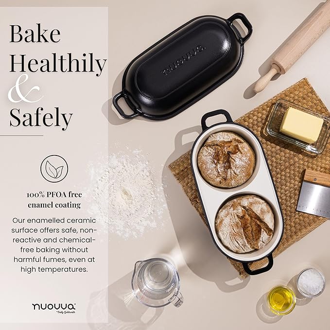 Dutch Oven for Sourdough Bread Baking – Enamelled Cast Iron Bread Loaf Pot – 500°F Oven Safe Non Stick Bread Pot – Double Round Loaf Space, 16.5cm Diameter, Black, – by Nuovva