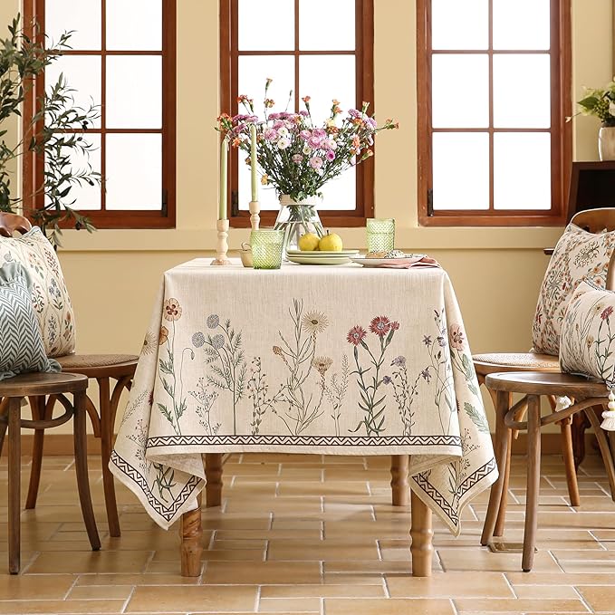 ISAENNE Designer Off White Linen Small Square Tablecloth,Floral Elegant Table Cloth,Stain Resistant Vintage Decor Tablecloths for Dining Thanksgiving Kitchen Christmas,55"*55"-Serenity G