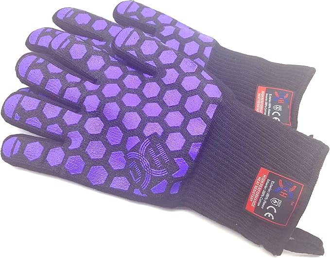 J H Heat Resistant Oven Glove:EN407 Certified 932 °F, 2 Layers Silicone Coating, Oven Mitts for Cooking, Kitchen, Fireplace,Camping, Grilling (Black/Purple, Regular Cuff)
