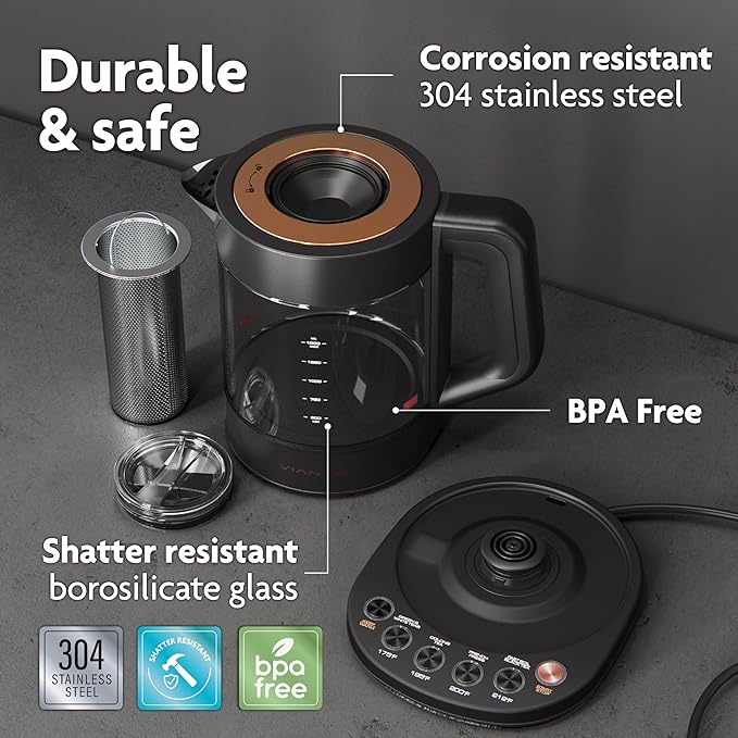Vianté Electric Kettle With Infuser. No Plastic In Contact With Water. Hot Tea Maker With Temperature Control And Automatic Shut Off 1.5 Liters Capacity | Black Color