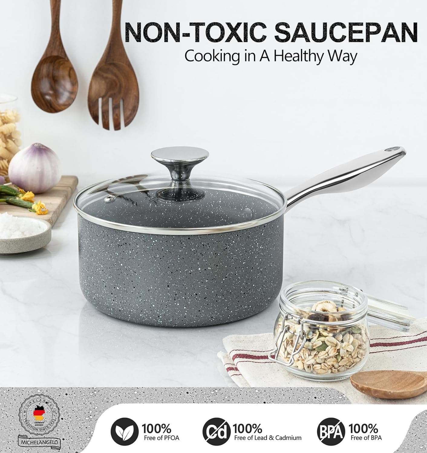 MICHELANGELO 2 Quart Saucepan with Lid, Nonstick Sauce Pan with Healthy Coating, Granite Sauce Pan with Stainless Steel Handle, 2 Qt Saucepan Induction Compatible, Gray