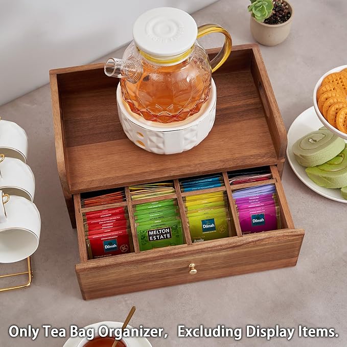 Acacia Wood Tea Bag Organizer with Drawer - Tea Station Chest and Storage Box, Coffee and Teabag Holder with 8 Compartments, Containers and Boxes for Countertop Display