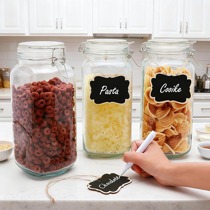 78oz Glass Storage Jars with Airtight Lids Set of 3, Pantry Storage Containers with Lids, Square Large Airtight Glass Jars, Perfect for Kitchen Canning Cereal, Pasta, Flour, Coffee Beans