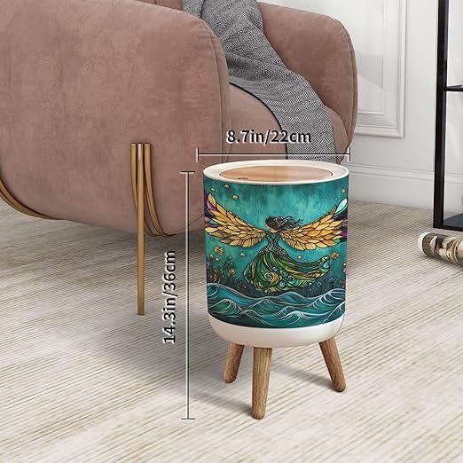 Trash Can with Lid Hypnotic Fairy Dance Hue Glass Press Top Round Small Garbage Bin with Wooden Legs Waste Basket for Kitchen Bedroom Nursery 7L/1.8 Gallon