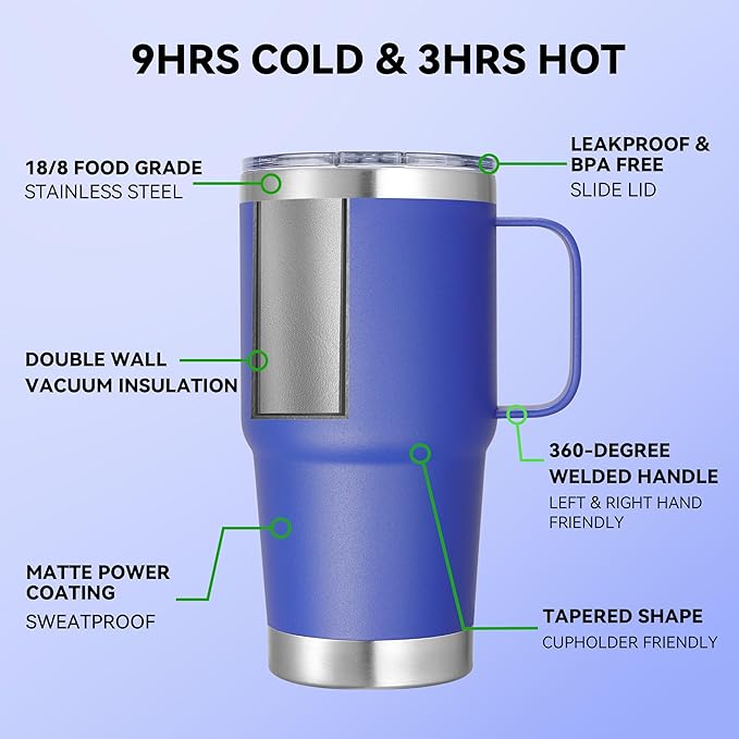 20 oz Stainless Steel Tumbler with Handle Bulk Metal Insulated Tumblers Travel Coffee Mug with Handle Double Wall Tumbler Cup with Lid and Straw, Blue 12 Pack
