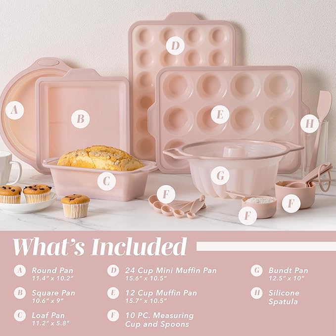COOK WITH COLOR 17 Pc. Silicone Baking Pan Set - Non-Stick & Easy Clean Silicone Muffin Pans for Baking with Sturdy Metal Frame for Stability, Flexible Cake Molds, Includes Measuring Cups and Spoons
