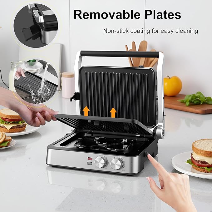 Panini Press,4 Slices Contact Grill with Removable Non-Stick Coated Grill and Flat Plates,Panini Makers with Temperature Control and Timer,Open 180 Degrees,Grill and Griddle (Half black with sus)
