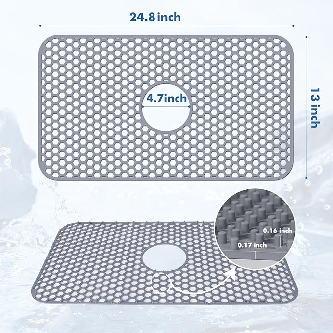 Bestjing Silicone Sink Mat - 24.8''x13'' Sink Protector for Kitchen Sink with Center Drain - Kitchen Grid Accessory, Non-slip Heat Resistant Mat for Bottom of Farmhouse Stainless Steel (Center Hole)