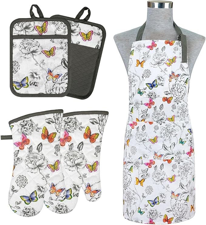 Alselo Oven Mitts and Pot Holders with Chaf Apron,Set of 5 Heat Resistant Kitchen Gloves and Silicone Non-Slip Potholders Adjustable Neck Buckle Apron, Cotton Nice Design for Cooking (Butterfly)