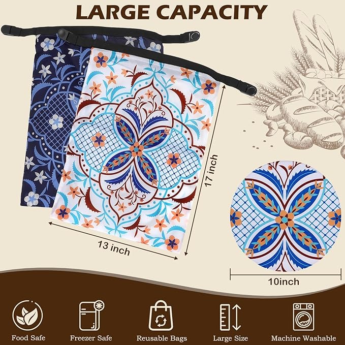 2 Pack Reusable Bread Bags for Homemade Bread, 17"×13" Sourdough Bread Storage Bags with Bowl Cover - Keep Loaf Fresh and Easy to Wash(Morocco Style)