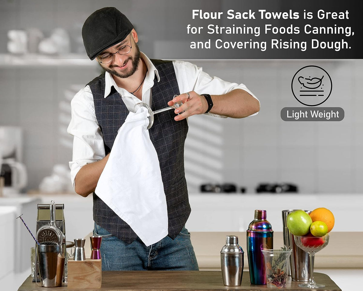 RUVANTI Flour Sack Towels 24 Pack 28x28 Inch, 100% Cotton Tea Towel, Reusable, Machine Washable, Absorbent BarTowels - Dish Cloth Perfect for Drying Dishes & Cleaning - White