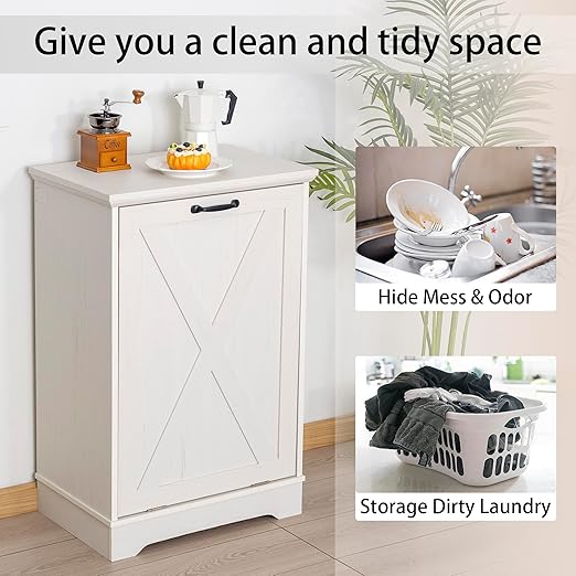 13 Gallons Tilt Out Trash Can Cabinet, Wooden Trash Can Cabinet Tilt Out Pet Proof Hidden Garbage Cabinet for Kitchen, Antique White