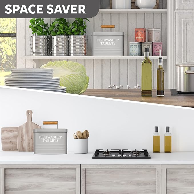Calindiana Modern Farmhouse Metal Dishwasher Pods Container with Lid for Kitchen Organization and Storage, Kitchen Essentials Decor Accessories, Dishwasher Pods Holder, Grey