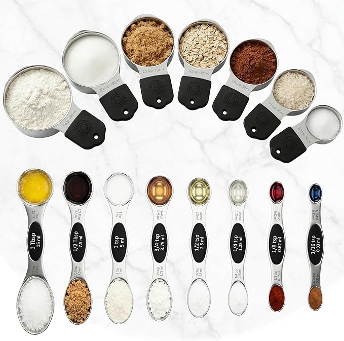 16-Pcs Measuring Cups & Magnetic Spoons Set with Leveler, Food-Grade Stainless Steel, Stackable Design, Silicone Handles, Precise Metal Measuring Cups and Spoons Set for Cooking & Baking (Black)