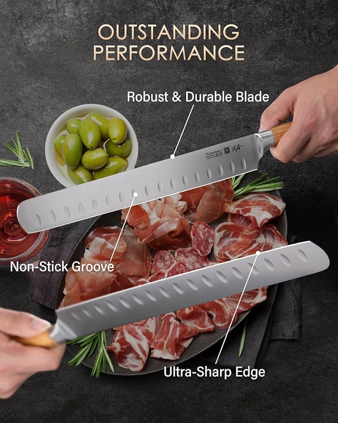 Mitsuharu 10.75" Slicing Knife, SHOMAN Series Brisket Knife for Meat Cutting with Ergonomic Olive Wood Handle, German Steel Meat Carving Knife for BBQ Brisket Turkey Ribs Roast Beef with Case