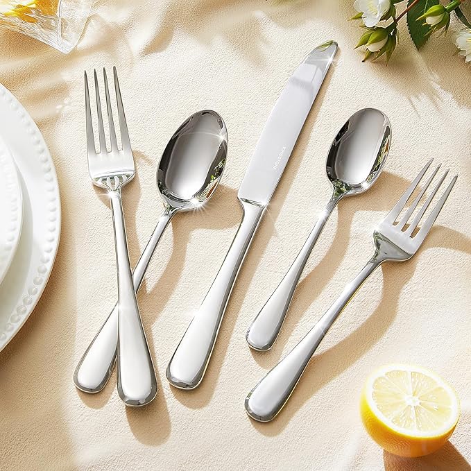 KINGSTONE 65 Pieces Silverware Set for 12, Premium Stainless Steel Flatware Set with Serving Utensils, Heavy Duty and Modern Design Cutlery Set, Mirror Polished, Dishwasher Safe