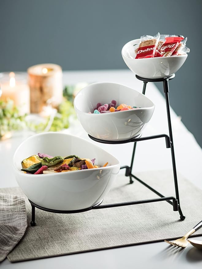 Miamolo 3 Tier Serving Bowls with Stand, Serving Dishes Chips and Dip Serving Set for Entertaining Party, Ceramic Serving Bowl Food Display for Fruit Salad Soup Snacks, Microwave & Dishwasher Safe