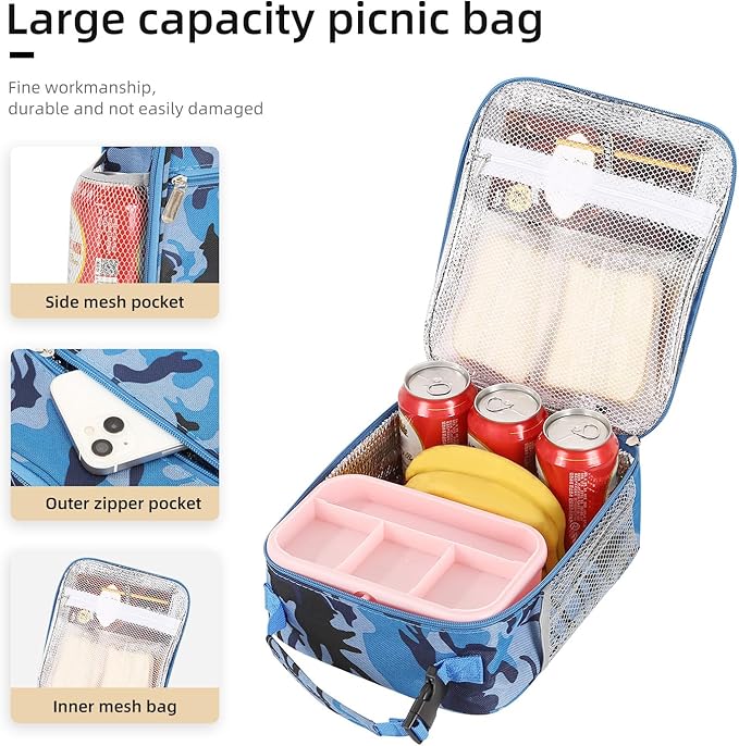 Lovoeo Lunch box Lunch bag for men women Insulated Lunchbox Lunch bags for Work Picnic Travel (Blue camo)