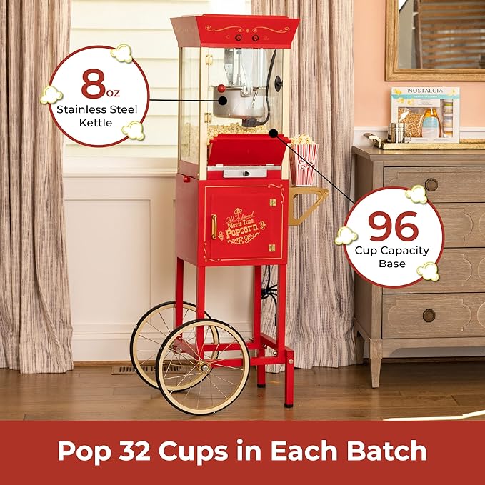 Nostalgia Popcorn Maker Machine - Professional Cart With 8 Oz Kettle Makes Up to 32 Cups - Vintage Popcorn Machine Movie Theater Style - Red