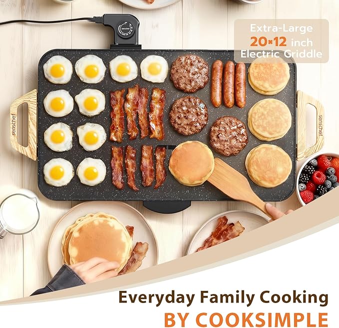 CookSimple Everyday 20x12 Inch Electric Griddle with 1700W Fast Even Heating&ILAG Granite Nonstick Surface – Large Flat Griddle Perfect for Family Meals, Pancakes–Easy to Clean, Granite Black