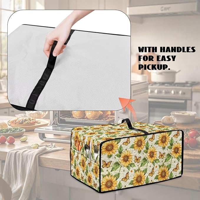 Countertop Convection Oven Cover Dust-Proof Toaster Oven Cover with Accessories Pockets, Countertop Convection Oven Protector, S, Sunflower Butterfly Retro Letter Print
