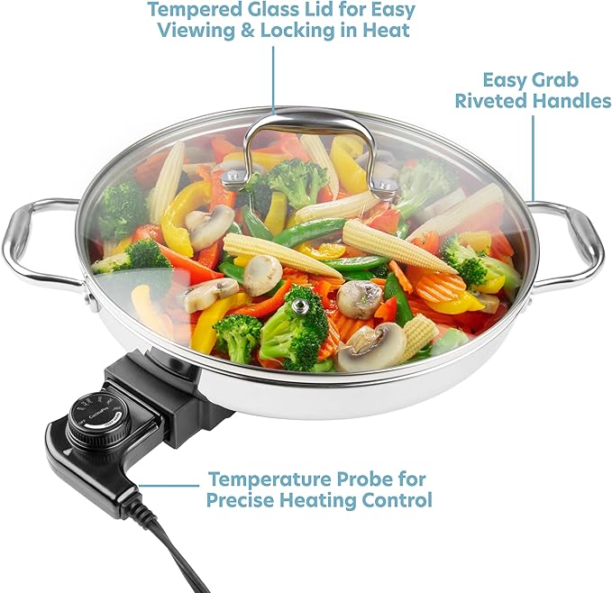 Electric Skillet By Cucina Pro - 18/10 Stainless Steel Frying Pan with Tempered Glass Lid and Handles, 12" Round, Adjustable Temperature Control Knob, Portable and Includes Recipe Guide, Great Gift