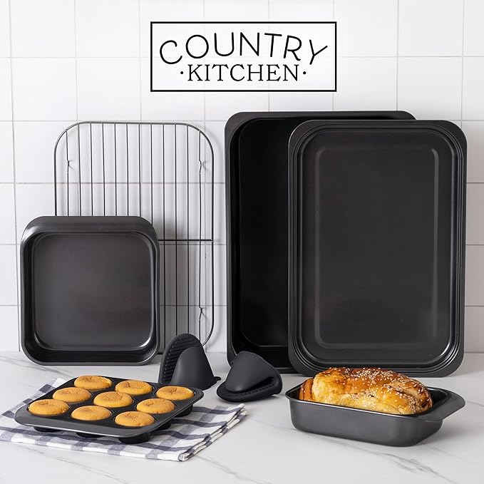 Country Kitchen Nonstick Stackable Bakeware Set - Deluxe Heavy Duty, Durable, Easy Release Baking Set, 8 Pcs, Black