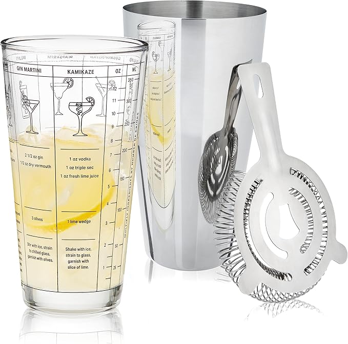 True 3-Piece Barware Set for Mixed Drinks and Cold Brew Cocktails, Includes Cocktail Shaker Tin, Cocktail Mixing Glass with 7 Printed Recipes, and Hawthorne Strainer, Home Bar Tools, Bartender Gifts