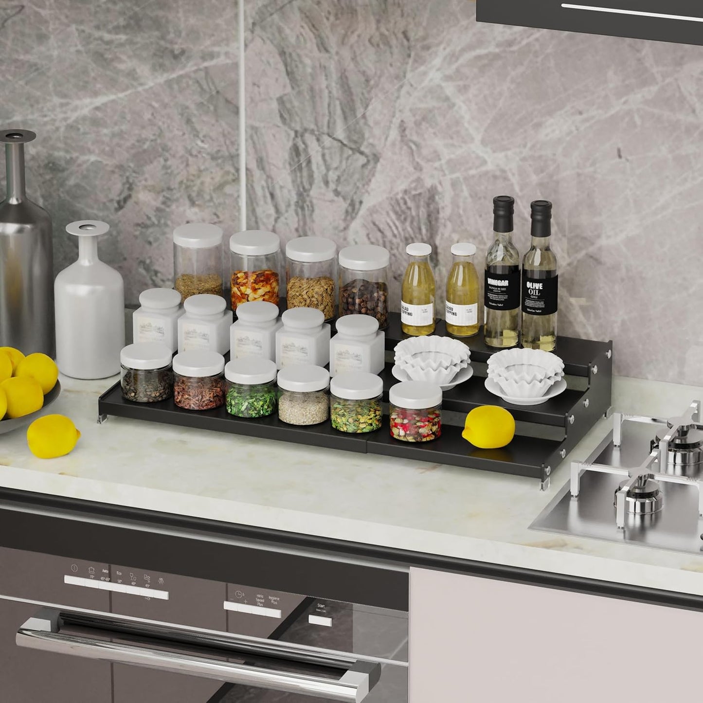 Expandable Spice Rack Storge organizer with 3-Tier step shelf for cabinet,seasoning racks organizion.Great for Kitchen countertop shelves,Pantry and more(2packs/Black)